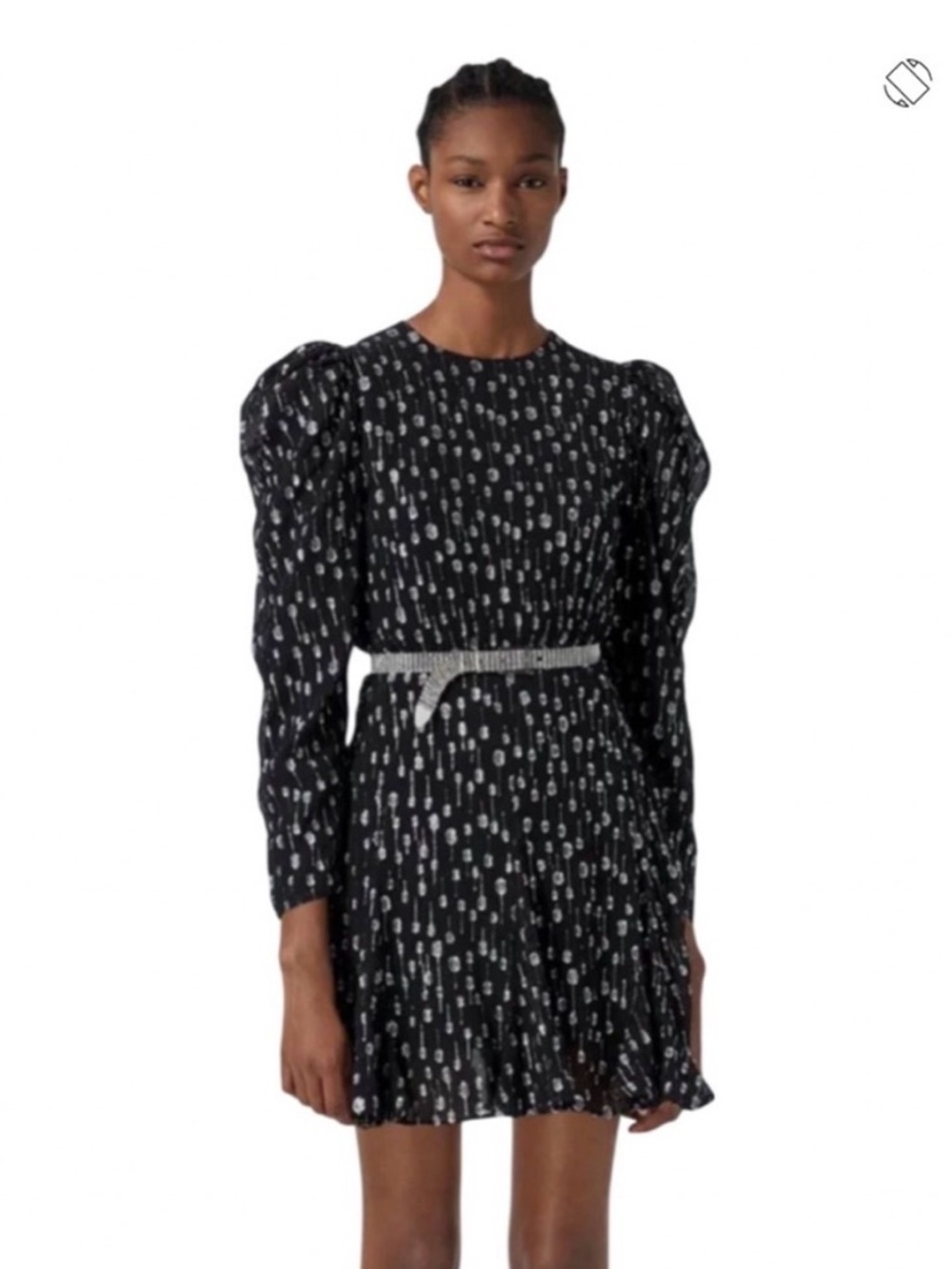 The Kooples Black Silver Metallic Long Puff Sleeve Mini Dress | M